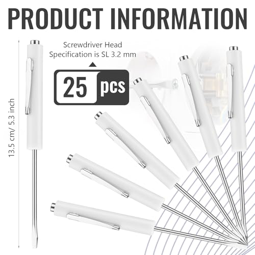 Image of Honoson 25 Pcs Pocket Screwdriver Mini Tops and Pocket Clips Magnetic Slotted Small Screw Driver with a Single Blade Head for Mechanical, Electrician (White)