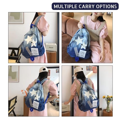 Vintage Y2K Backpack, Heavyweight Denim Grunge Bookbag for women men, Aesthetic Daypack for Travel Concerts (Blue)3