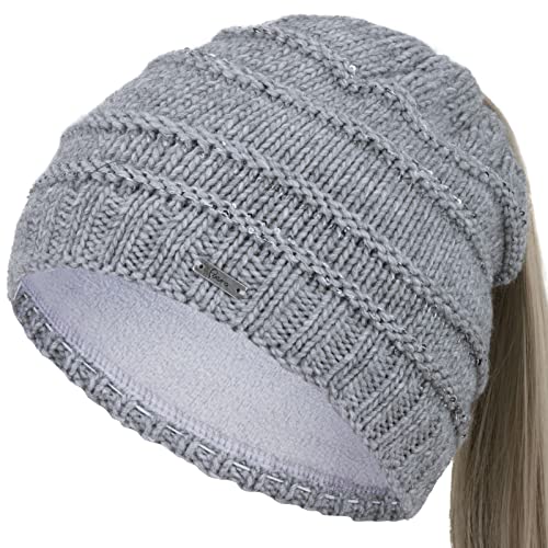 Faera Damen Wintermütze Zopfmütze Zopfloch Loch Zopf Beanie Mütze Strickmütze 72, Farbe:Grau Cover