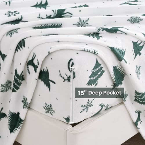 Image of Viviland Microfleece Full Bed Sheet Set, Green Deer | Soft Flannel-like Fleece, 100% Polyester, Fluffy Velvety Feel, 200GSM, 15 inch Deep Pocket, Warm Winter Gift & Decor