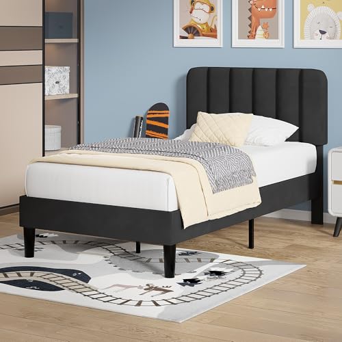 Image of VECELO Twin Size Bed Frame with Upholstered Headboard, Velvet Platform Bedframe Mattress Foundation, Strong Wood Slat Support, No Box Spring Needed,Black