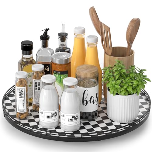 Image of 16 inch Black and White Kitchen Lazy Susan Turntable, Round Checkered Decorative Tray, Large Lazy Susan for Dining Table Centerpiece, Pantry, Kitchen, Bathroom, Countertop, Cupboard, Home Decor