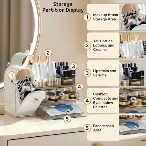 Image of Makeup Organizer for Vanity with Covered Brush Holder,Bathroom Organizers with Drawer,Skin Care Organizer,Makeup Organizers for Vanity with Drawer,Large Makeup Storage for Dresser, White