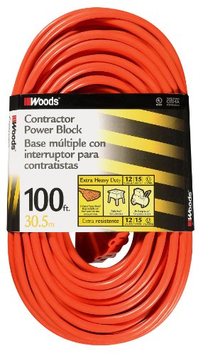 Woods 0820 12/3 Outdoor Multi-Outlet Extension Cord, 100-Foot, Orange