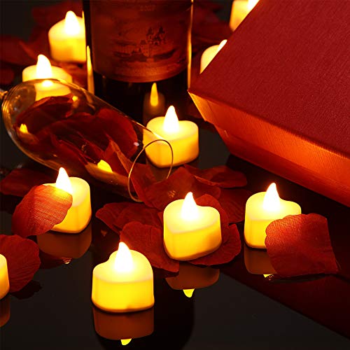 Image of Honoson 1000 Pieces Artificial Yellow Rose Petals with 24 Pcs Flameless Heart Shaped LED Tealights Candles Special Romantic Night Decorations for Proposal Wedding Anniversary Table Decor