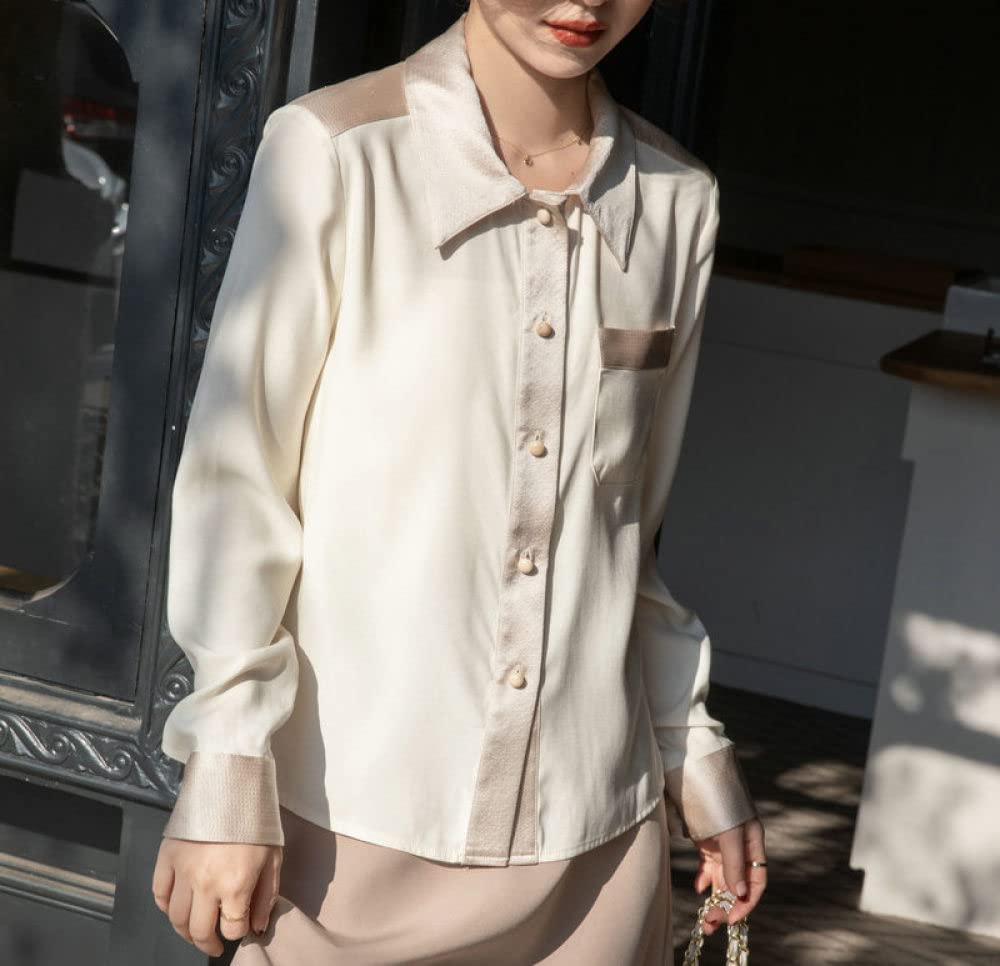 Parte Superior Elegante,Elegante Blusa De Color En Contraste para Mujer, Camisa Blanca De Túnica De Satén, Camisa De Manga Larga, Blusa De Gasa, Chaqueta De Verano, Blusa Informal De Negocios para O