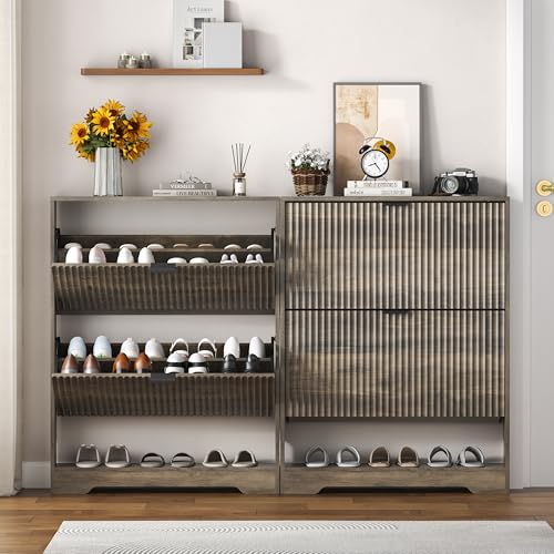 Image of HUANLEGO Shoe Cabinet Storage for Entryway with 2 Flip Drawers, Grey Fluted Shoe Cabinet with Open Storage, Wooden Hidden Shoe Rack Freestanding Narrow Slim Shoes Organizer for Hallway, Entrance
