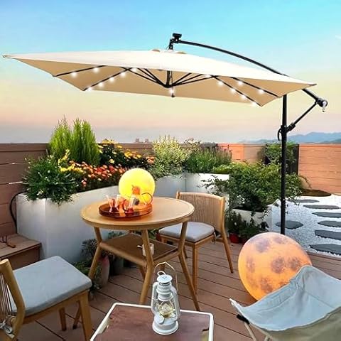 BNSPLY 8x8FT Patio Umbrella, Outdoor Offset Umbrella with Cross Base and Crank, Square Cantilever Umbrella with Solar Lights, Hanging Market Umbrella with 8 Rids for Pool, Deck, Backyard (Tan) Cover
