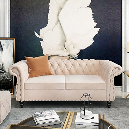 Image of ORRD Chesterfield Loveseat, Modern Velvet Sofa Tufted Couch 2 Seater with Scroll Arms and Nailhead for Living Room, Bedroom, Office, Apartment (Beige)