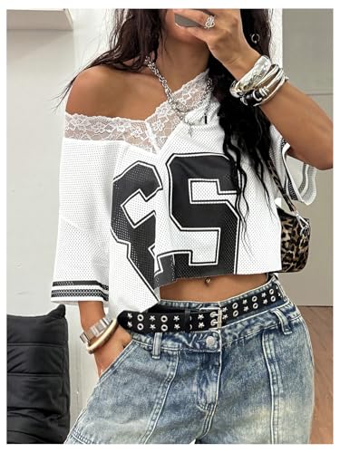 SOLY HUX Women's Y2k Jersey Shirt Lace Mesh Number Graphic Tees V Neck Half Sleeve Summer Crop Tops Streetwear4