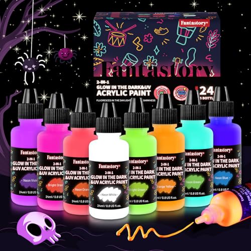 Fantastory Leuchtfarbe Nachtleuchtende Farbe 8x24ml, Neonfarbe, Schwarzlicht farbe; für Detailarbeiten;Steine,Leinwände, Partybekleidung; Halloween Fluoreszierende Acrylic Paint