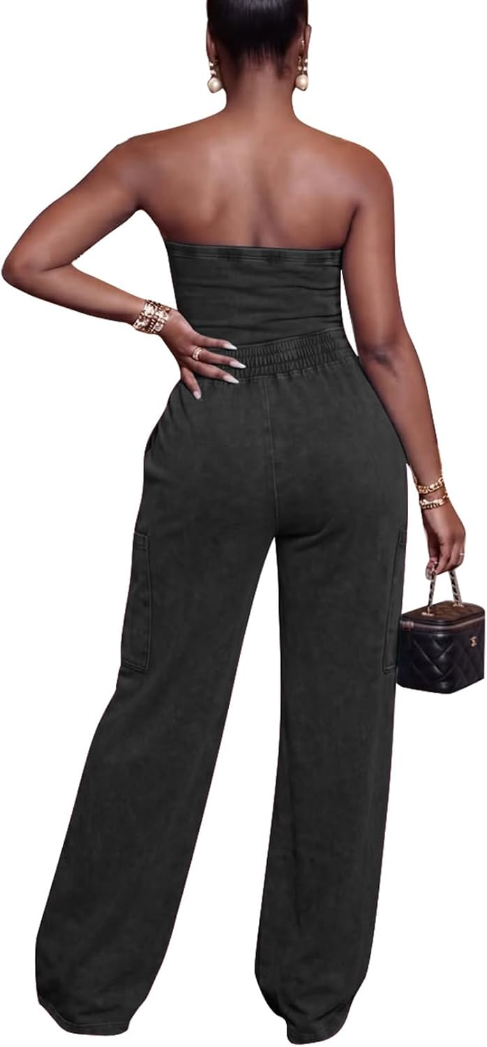 Women's Strapless Wide Leg Jumpsuit Romper One Piece Drawstring Elastic Waist Cargo Casual Summer with Pockets