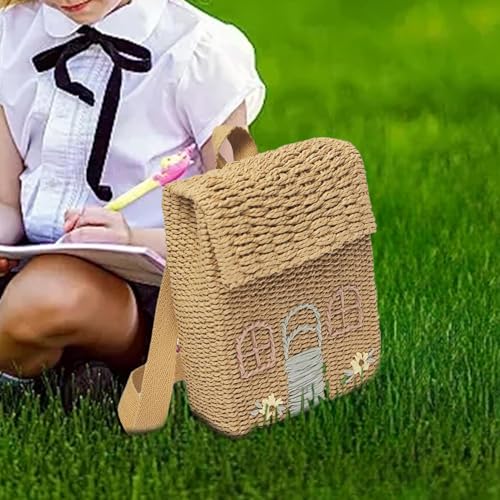 Mochila de paja trenzada hecha a mano pequeña caqui vertical 2