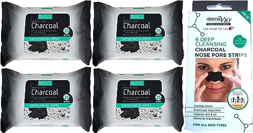 Happy Bees Bundle Beauty Formulas Charcoal Facial Wipes 25 Wipes x 4 Pack Plus Derma V10 6 Deep Cleansing Charcoal Nose Pore Strips For All Skin Types