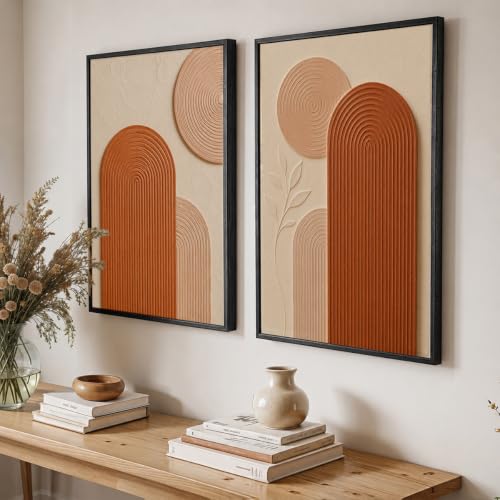 Image of NoWorries Abstract Arch Wall Painting Set of 2 with Frame | Terracotta Beige Geometric Texture Artwork, Modern Minimal Boho Wall Decor for Living Room, Bedroom, Office and Home Decoration (Art-19, 17x25inch)