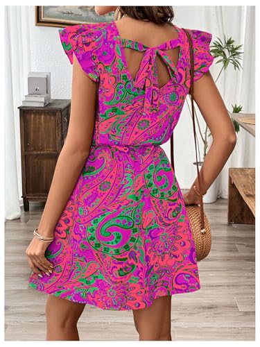 Image of SOLY HUX Women's Boho Print Tie Back Mini Dress Ruffle Cap Sleeve Crew Neck Vacation Dresses