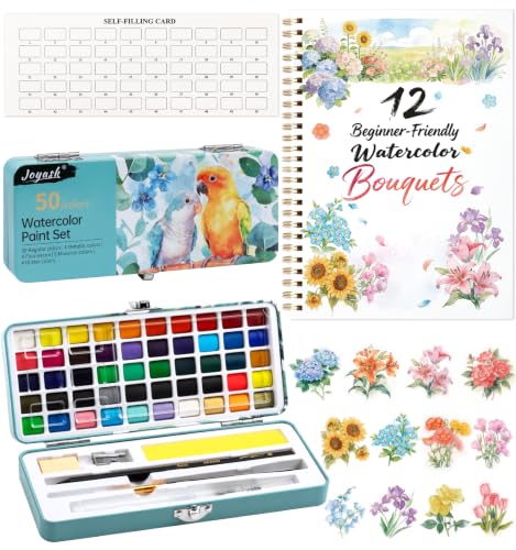 Watercolor Workbook, Water Coloring Book, 12 Different Patterns of Original DIY Designs, 50 Colors Watercolor Paint Set with Palette and Brush, Beginner-Friendly Watercolor Workbooks (Bouquets)