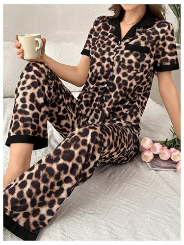 Women's 2 Piece Leopard Pajama Sets Button Down Shirts and Pants Set Cheetah Pj Set Loungewear3
