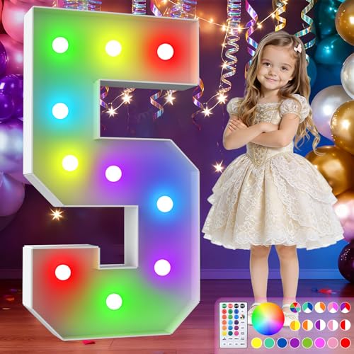 Image of 3FT Colorful Marquee Numbers,18-Color Number 5 with Remote Control Large Light Up Numbers Sign,Pre-Cut Foam Board Set for Party Decoration, Birthdays, Weddings, Graduations, Baby Anniversaries