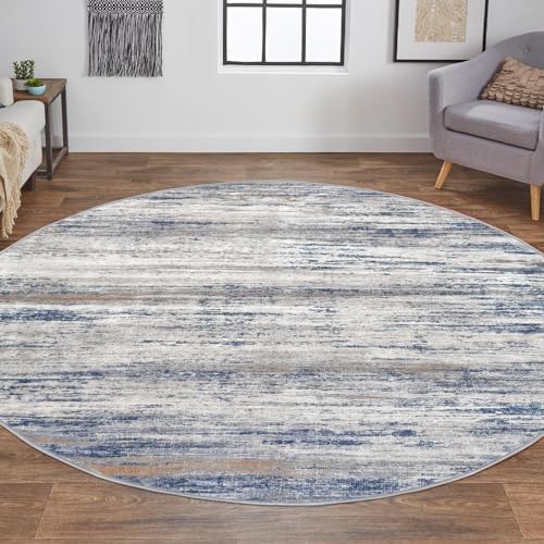 KOZYFLY Modern Abstract Round Washable Rug 5Ft, Non-Slip Soft Kitchen Bathroom Circle Rug, Grey-Blue Striped Entryway Rugs Abstract Faux Wool Doormat for Bedside Entrance Bedroom Sink