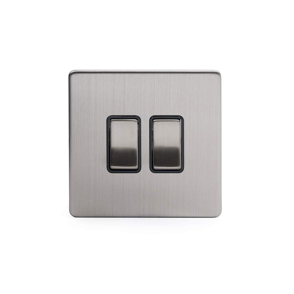 Brushed Chrome 10A 2 Gang 2 Way Switch with Black Insert Screwless