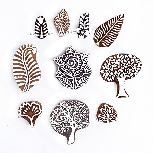 Image of Hashcart | Set of 10 | Handcarved Tree Shape Wooden Block Stamps for Block Printing, Fabric Textile Project Designing Scrapbooking Clay Pottery Craft Tattoo