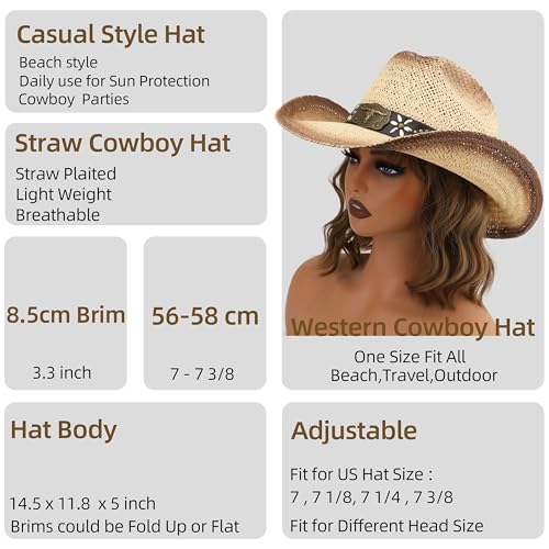 Image of Straw Cowboy Hat, Western Cowgirl Hat, Wide Brim Sun Beach Hat for Men and Women