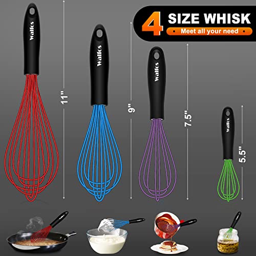 Walfos Silicone Whisk, Heat Resistant Kitchen Whisks For Cooking Set Of 4-Non Scatch Rubber Coated For Non-Stick Cookware, Balloon Egg Wisk Perfect For Frothing, Blending, Beating #TOP4