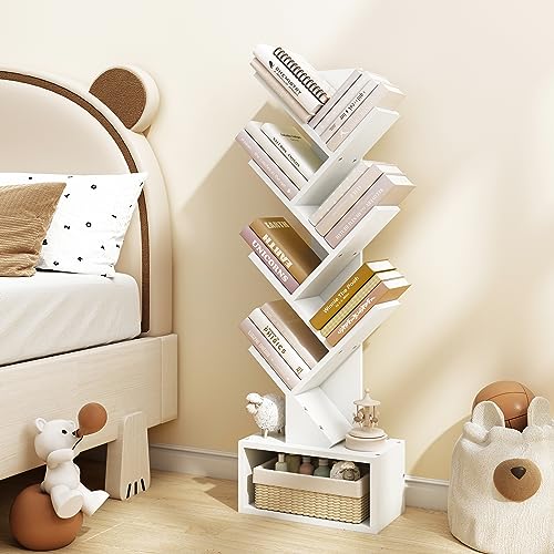 Hoctieon 6 Tier Tree Bookshelf, Tall Bookcase with Drawer, Freestanding Book Shelf, Display Floor Standing Storage Shelf, Book Organizer Shelves for Home Office, Living Room, Bedroom, White
