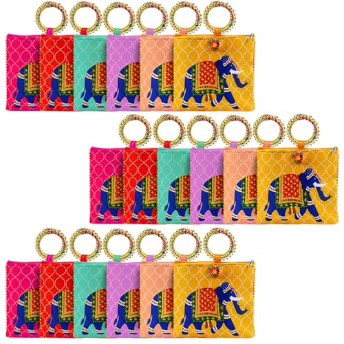 Image of Women Potli Bags | Gifting Potli with Zip & Bangle Handle | Traditional Shagun Return Gifts Potli for Mehandi, Haldi, Baby Shower, Wedding, Sangeet (Elephant Print, Pack of 18)