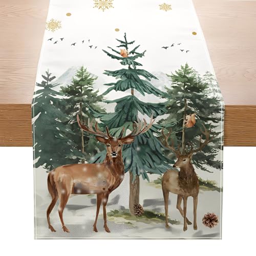 YUVKIN Mesa de aguarela com design de rena e árvore de Natal, 1 unidade, lavável, moderno, decoração de mesa de inverno para interiores, festas e férias (33 x 180 cm)