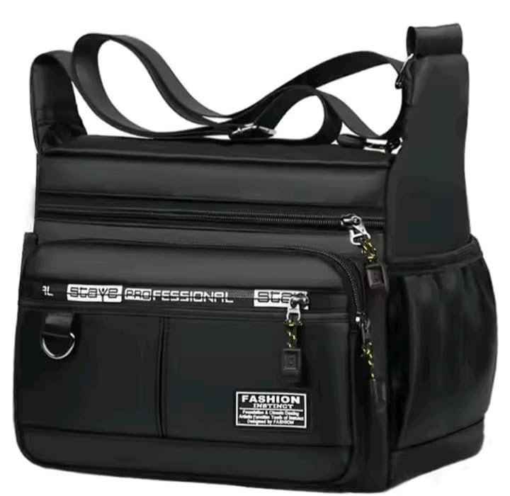 Bolsa Transversal Masculina Fashion Professional, Nylon Impermeável, Múltiplos Compartimentos, Preta
