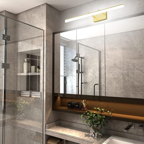 Image of Aipsun 31.5inch Brushed Brass Bathroom Vanity Light Fixtures Modern LED Light Fixtures Gold Vanity Lighing for Bathroom Wall Fixtures 5500K