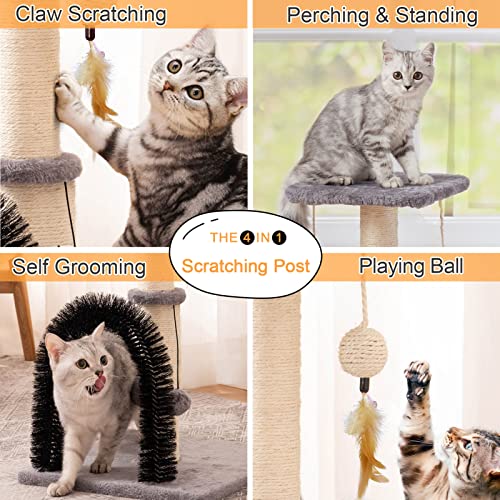 Cat Scratching Post with Self Groomer and Top Platform - Durable Sisal Cat Scratcher Stable Cat Scratch Post with Dangling Balls, Verstile Cat Scratching Poles for Indoor Cats (Grey)