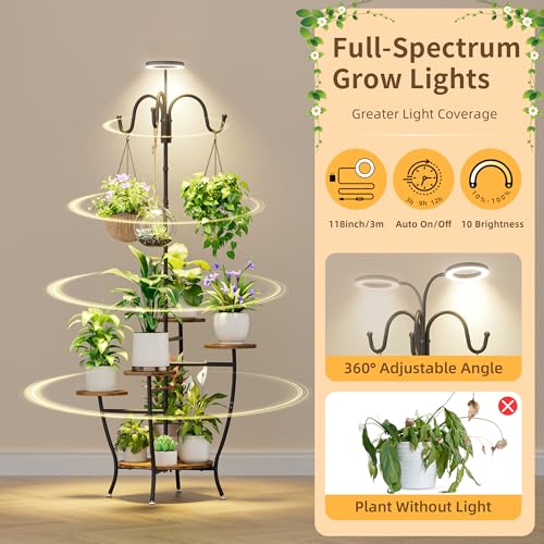 Image of BACEKOLL Plant Stand with Grow Lights 5 Tier Tall Indoor Plant Shelf 72 inch | 5-Tier Corner Plant Stand, 72 inch Tall with Grow Light, 3 Hooks, Adjustable Brightness /Timer, Iron Frame, for Living Room, Black