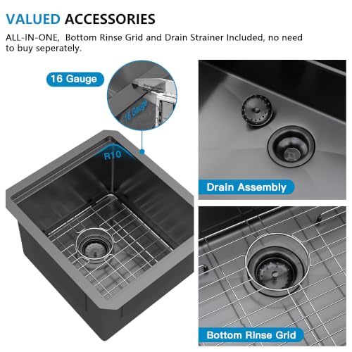 Image of 15 inchx17 inch Black Bar Prep Sink Undermount Workstation | Gunmetal Black NANO-PVD 16 Gauge T304 Stainless Steel Single Bowl Under Counter Basin for RV Kitchen Wet Bar Prep Station