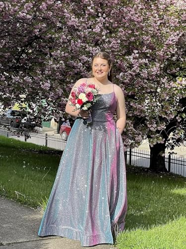 yinyyinhs Glitter Satin Prom Dresses for Women 2025 Spaghetti Straps A-Line Slit Evening Formal Ball Gowns with Pockets4