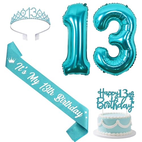 Sursurprise Teal 13th Birthday Decorations with Sash and Tiara, Happy 13th Birthday Cake Topper, Number 13 Balloons, 13 Year Old Bday Party Supplies for Girls