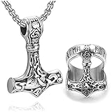 HERREN WIKINGER Schmuck - von PiercingJak- Edelstahl Thor Hammer Halskette und Ring mit Mjölnir Anhänger, charmisches Schmuck für Herren Männer Junge.