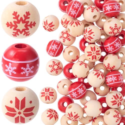 Pndeyo 30pcs 16mm Christmas Wooden Beads, Round Snowflake Bead for...