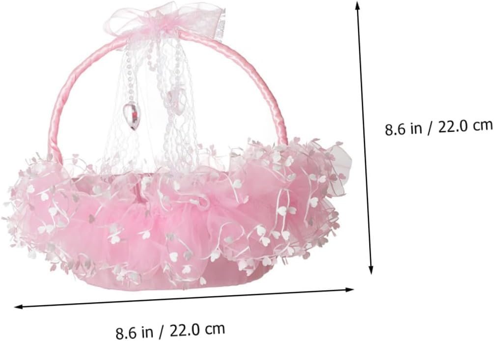 Ipetboom Lace Wedding Flower Girl Basket Portable Handheld Flower Holder Foldable Pink for Ceremony Supplies