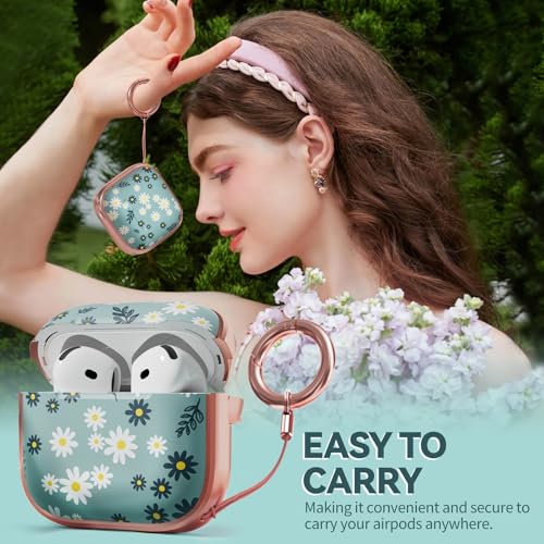 Image of Inesore for AirPods 4 Case Cover 2024 with Lock-Green Daisy | Two-Piece Design,with Gold Keychain & Cleaning Pen,Support Wireless Charging,Cute Luxury Case for Women Girly