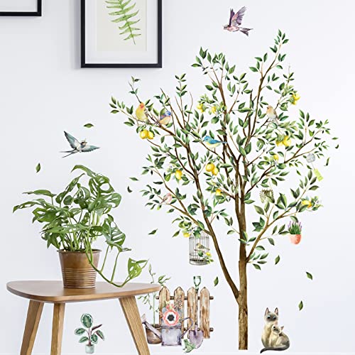 Tropical Plants Large Tree Wall Stickers With Flying Birds, Removable Pastoral Style Fruit Tree Birdcage Hanging Basket Decals Decor, Diy Art Murals For Nursery Bedroom Living Room Decoration #TOP1