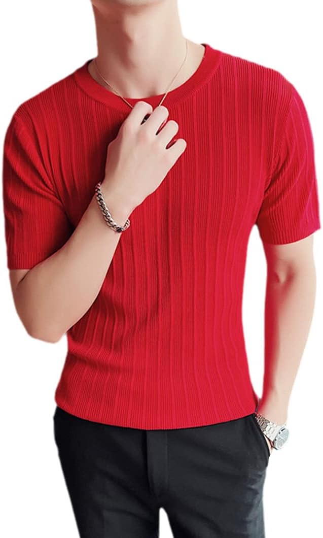 Summer Knitted Round Neck Short Sleeve Sweater T-Shirt Men's Striped Elastic Solid Color Tees Shirt