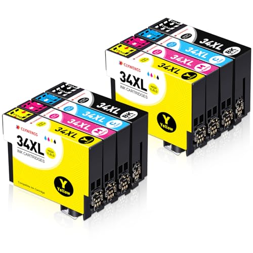 Clywenss 34XL Ink Cartridges Compatible with Epson 34 XL 34XL Multipack for WorkForce Pro WF3720 WF-3720 WF3725 WF-3725 WF-3720DWF WF-3725DWF Ink Cartridges, 8-Pack (Black, Cyan, Magenta, Yellow)
