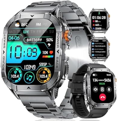 SUNKTA EF17 Mens Smart Watch with LED Flashlight, 2.13” Amoled HD Display Fitness Tracker Watch, Pedometer/100+ Sport Modes/Sleep/5ATM Waterproof Smartwatch, Compatible iOS Andro…