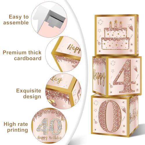 Image of Guiruiy 3Pcs 40th Birthday Decorations Boxes for Women, Pink Rose Gold 40th Birthday Balloons Boxes Party Supplies, Pink Forty Year Old Bday Theme Cardboard Box Decor