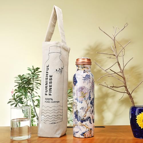 FURNISHFUL FINESSE Pure Copper Water Bottle 34 Ounce Copper Bottle with JUte Carry Bag For Gym Office (Pack of 1, White Floral)