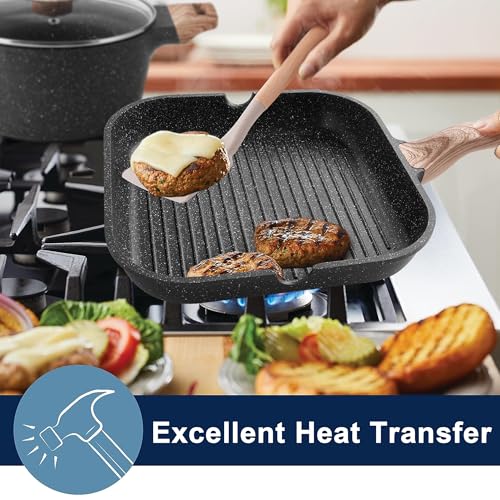 Image of Caannasweis Nonstick Kitchen Cookware Set - Granite Pots and Pans - 20 Piece Grill Pan Set (Classic Black)