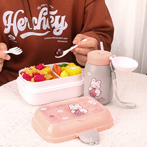 Bento Box Adults Lunch Box, Bento Box For Kids, Durable For On-The-Go Meal, 2 Tiers All-In-One Food Containers With 3 Compartments, Spoon, Fork,Water Bottle, Food-Safe (Pink) #TOP5